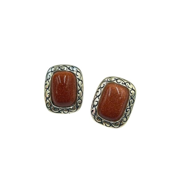 Vintage Goldstone & Sterling Silver Stud Earrings Pierced Retangular Studs - Picture 1 of 7